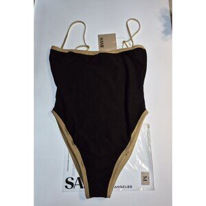 SAME Los Angeles Faux Suede One Piece Swimsuit Black Tan Trim Size M NWT